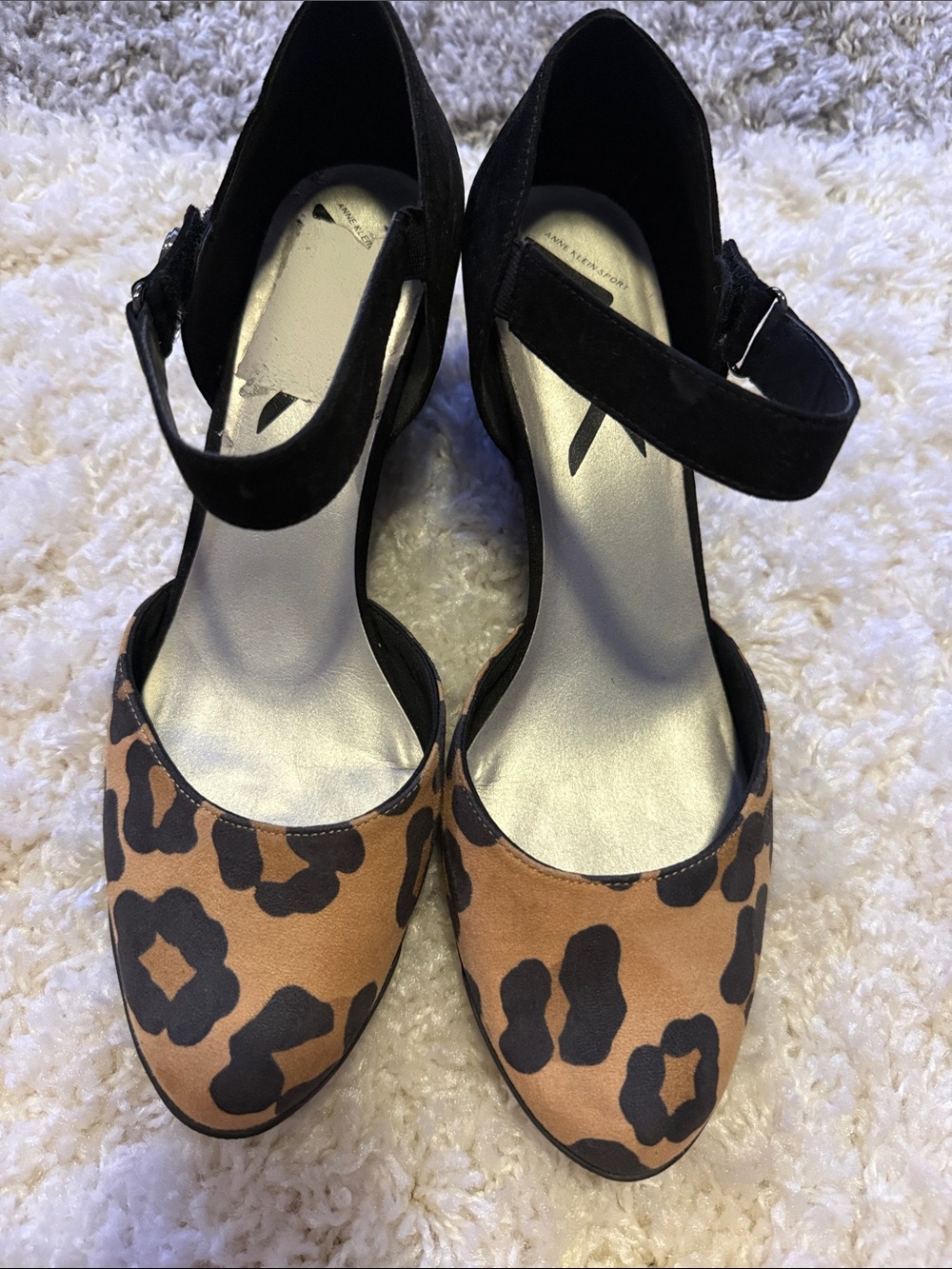 Anne Klein Leopard-Print Brown and Black Ankle-Strap Pumps